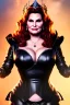 Placeholder: Jennifer Coolidge as evil queen in black leather, feminine, busty, cleavage, angry, stern look. character design by fenghua zhong, . unreal engine 5, artistic lighting, highly detailed, photorealistic, fantasy