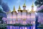 Placeholder: a magical crystal flower magnolias blue gold house russian palace castle in the woods, magnolias pink,blue lake,sun,white swanns,pink vertical, blue lake,sharp, vines, candlelit, endor, ornate, elegant, highly detailed, artstation, concept art, smooth, sharp focus, illustration, 8k, splash art, wallpaper, key visual