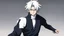 Placeholder: Satoru Gojo is a young guy white hair blue eyes black turtleneck without arms white loose pants in a defensive pose