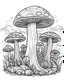 Placeholder: mushroom world minimalistic landscape. line art, background, vector, svg, coloring book page style, black outline on white background