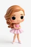 Placeholder: Funko figure of a very young female, smiling, long very wavy light brown hair, wearing a ballerina dress, pink dress, ballet, very cute, ballet pose,. typography, 3D render. White background