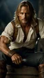 Placeholder: viggo mortensen as handsome warrior king, muscular, long blonde hair, male age 30, wearing jeans and a white shirt, tan skin, tattoos,photorealistic 4k dark fantasy