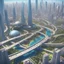 Placeholder: Aerial view of city on a (((twin planet))) of Earth in another galaxy, showing a diverse community. The skyline is dominated by tall skyscrapers with modern futuristic architectural designs, the streets are filled with people from diverse backgrounds. In the distance, a majestic bridge crosses a river and connects the city with a beautiful park on the other side.