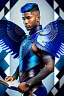 Placeholder: a human male with blue short hair and blue wings in an assymetrical armor with geometric patterns and a book in hand