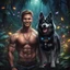 Placeholder: Hyper Realistic handsome muscular young king smiling & standing with his black husky in a dark mystical jungle at night with fireflies & colorful crystals