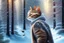 Placeholder: Cat in Wellensteyn coat, winter forest, pine trees, snowing, in sunshine