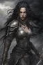 Placeholder: SA female elf with skin the color of storm clouds, deep grey, stands ready for battle. Her long black hair flows behind her like a shadow, while her eyes gleam with a fierce silver light. Despite the grim set of her mouth, there's a undeniable beauty in her fierce countenance. She's been in a fight, evidenced by the ragged state of her leather armor and the red cape that's seen better days, edges frayed and torn. In her hands, she grips two daggers, add dark shadow mystic purple flames