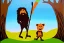 Placeholder: caveman holding a club, cave, cave bear, campfire, stone age, acrylic paint, masterpiece, mellow, dawn,