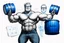 Placeholder: a very swedish strongman, big muscles and short light hair, pair of glasses, holding one big blue barrel above his head, a drawing with sketch lead pencil, The word BAXER floating