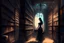 Placeholder: full-height shot of a woman in a tight black dress, inside a large magic book shop, shelving, lights, books, bottles, windows