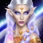 Placeholder: cosmic mage, elf, female, cosmic magic, long ears, white hair, face details, pale skin, jewellery, broad shoulders, sharp ears, cosmic clothes, cosmic eyes, ears shown, the cosmos in eyes, shining eyes, thin face, detailed ears, magical eyes, closed mouth, make up, smiling face, happy face, pointy ears