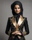 Placeholder: A length image ,professionals photography cinematography, stand action pose an beautiful young girl super model iranian wearing islamic hijab as spy detective with shoulder length wearing luxury jewelrys and lipstick. She is wearing a islamic fashion luxury tuxedo with a black bowtie. Her jacket is black decorations golden art and it is not buttoned. Her jacket has a corsage,She is smiling. Her cufflinks are black.stand pose in futuristic