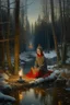 Placeholder: Hyperrealism against the background of a winter landscape in a forest with a bonfire +mirror portal with a whirlpool of water + a man in a red-gray robe with a hooded back + +rite+candles+dried flowers+wildflowers+moss++flower decoupage+embroidery technique+braided beads+vine+moonlit night,fabulous landscape,surrealism,realism,naturalism,dot technique,microdetalization,high detail objects,digital illustration,volumetric clarity,dark fantasy,dark botanical