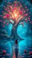 Placeholder: fabulous big magical beautiful tree with sparkling glowing leaves with in a tropical forest in beautiful colourful roses, around blue beautiful lake fantasy,a beautiful girl in front is standing in the water , photo