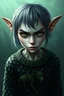 Placeholder: an intense alluring gremlin mermaid with wet short grey hair tucked behind ears, she has green eyes and light freckles. her entire body is covered in gradiated dark to light green mottled hexagon scales that transistion into skin at neck, , wearing a sweater with a "wolf sprite"