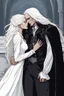 Placeholder: Strahd Von Zarovich being kissed by a beautiful woman with white hair, wearing an off the shoulder dress. Settling and background are a lavish toomb with an ebony coffin.