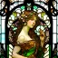 Placeholder: A big Art Nouveau stained-glass window in an Art Nouveau villa by artist "Alphonse Mucha"