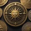 Placeholder: a gold coin called a Gold Sun. the coin has a circle of runes around the edge. show the whole coin. fantasy concept art, exquisite realism, a masterpiece, dynamic lighting, hyperdetailed, intricately detailed, deep color, Unreal Engine, volumetric lighting , Epic cinematic brilliant stunning intricate meticulously detailed dramatic atmospheric maximal,