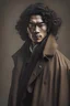 Placeholder: Asian man, long brown coat, curly hair, defined, stern