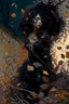 Placeholder: abstract creation of a beautiful girl with black curly hair, surrounded by black roses, thick metal chain broken, glass petals on the ground, autumn colours,dried out thorn bush, chaos,