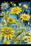 Placeholder: Dandelions, Water Hemlock, wild flowers and dragonflies stunning watercolor art by susan Winget, painted, in gold, blue and white tones with a sunflower --v 7 In style of Marjolien Bastin.