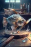 Placeholder: portrait of a beautiful genius fish with hands and fingers, down in the sparkly water, producing a wooden table and a big knife, 3d rendering, depth of field