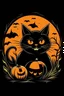 Placeholder: "Design a spooky yet playful Halloween T-shirt logo featuring a mischievous black cat and a grinning jack-o'-lantern. The moonlit night should set an eerie backdrop, and the overall design should evoke a sense of festive fright."