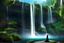 Placeholder: close up of a beautiful young empress in black gown infront of waterfall containing the multiverse of life