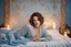 Placeholder: A beautiful woman with short brown hair in pastel blue lace robe is lying on a bed in a cute luxurious bedroom gold tapestry in the candlelight