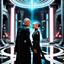 Placeholder: a bold and heroic bald male Corellian pilot in black and metallic grey First Order special forces gear meets a female Jedi Master in ancient, mystical temple, hyperdetailed, dynamic lighting, hyperdetailed background, 8k resolution, volumetric lighting, light skin, fully symmetric details