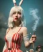 Placeholder: Ultra realistic photographic party portrait, sound club, wide-angle lens, couple, cinematic, happy blonde woman smoking a shisha pipe, accompanied by big white rabbit friend, hot, circus dress style, marihuana plants, color smoke, soft color, highly detailed, unreal engine 5, ray tracing, RTX, lumen lighting, ultra detail, volumetric lighting, high definition.