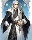 Placeholder: a young High Elf frost Wizard with long wiry hair, wearing a black trimmed white nobleman's robe and frost ornaments on clothes, with a small weasel on his shoulder