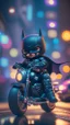 Placeholder: A happy Kawaii tiny hyper realistic baby batman riding mini harley davidson sportster, wearing bikers batman clothes with shooting action, night of cyberpunk city background. wide angle full body, 8k, Cinematography, photorealistic,epic composition Unreal Engine,Cinematic, Color Grading, Portrait Photography,Ultra-Wide Angle, Depth of Field, hyper detailed