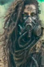 Placeholder: front facing full length portrait of a grunge armored female, dreadlock hair cyberpunk vampire mercenary with gas mask, telecommunications headset, and shemagh, highly detailed with gritty post apocalyptic textures, toxic irradiated landscape, finely detailed facial features, photorealistic 8k render
