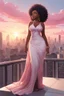 Placeholder: The scene opens onto a serene balcony overlooking a bustling city skyline. The sky above is painted in soft hues of pink and gray as the sun begins its descent, casting a warm glow over everything it touches. In the foreground stands a captivating figure, airbrush chibi cartoon curvy black woman exuding confidence and elegance. She is adorned in a flowing white knit maxi dress that hugs her curves in all the right places, accentuating her silhouette. Her choice of footwear is equally stunning