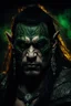 Placeholder: portrait of an orc king with pale skin. scar running across one eye. Tribal Tattoos Dark hair and green eyes. His look is sad. Half of his head is shaved. wearing jewellery. High resolution. 4K. 8K. Dark Fantasy style. Cave in the background