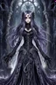 Placeholder: a dark fantasy anime character with large expressive dark eyes goth make up, dark-purple-black-silver color long hair that appears to flow like water. The surreal stunning character wearing a whimsical dress adorned with gothic patterns , silver lines, lacy, and standing in a surreal, nightmare haunted hall. ruins, random dark fantasy background, pale light, raven, spider on corner