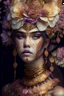 Placeholder: Beautiful face d young lady, adorned with árt Nouveau style tiger lily flower, liliflower, a hat and. Rose quartz beads colour gradient, Golden dust patina ornate headdress wearing árt Nouveau style floral lily lace ornate and gold chain effect ed costume organic bio spinal ribbed detail of full árt Nouveau floral background by the moonlight extremely detailed hyperrealistic maximálist portrait art