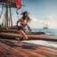 Placeholder: zombie running on a pirate flagship plank, in bikini