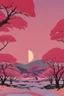 Placeholder: a land scape of Japanese garden, big moon, red sky in the night , surrounded by cherry blossom trees, cel shading