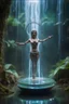 Placeholder: action figure of a glossed and transparent chained and crucified electric female opera yoga master on round swamp transparent glass boat eye throne in a charged foggy jungle starry waterfall, blur background to make character pop out