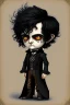 Placeholder: black haired black eyed young man necromancer steampunk Gnome that looks like a young Edgar Allan Poe with gothic jewelry in the style of Charles Addams