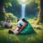 Placeholder: pen outline, waterfall, panda fox in luxury sleeping bag on green lawn in magical forest ,bokeh like f/0.8, tilt-shift lens 8k, high detail, smooth render, down-light, unreal engine