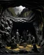 Placeholder: A dark gray mine made out of iron designed in Javanese shadow puppets painted by John Singer Sargent