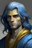 Placeholder: Man, blue skin and silvery tabby, medium-long dark blue hair, disheveled, eyes bronze-yellow , his ears are very long