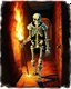 Placeholder: A frightening castle dungeon hallway with a skeleton warrior in rusty chainmail holding a burning torch painterly rpg art