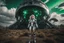 Placeholder: Wide angle photo of a sci-fi woman with blond hair, silver and black futuristic spacesuit looking android-like, standing on a derelict alien jungle planet with cloud trees in multiple green hues