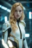 Placeholder: Photo of a girl with golden hair and white spandex suit sci-fi setting space award-winning full-body F105/2.8