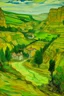 Placeholder: A lime green village near a canyon painted by Vincent van Gogh