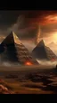 Placeholder: A several volcanos exploding over a the Permit of Egypt in high definition cinematic theme with stormy fiery sky. 3 UFO triangle shapes hovering over